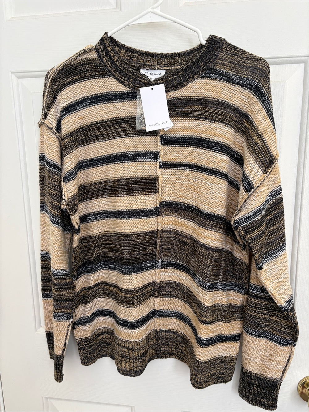 Westbound Striped Crewneck Sweater in Beige, Black and Tan